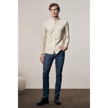 İmza Bej - Beyaz Smart Düğmeli Yaka Uzun Kol Cepsiz Slim Fit Casual Gömlek 1004255165