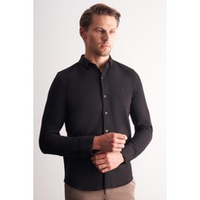İmza Siyah Uzun Kol Düğmeli Yaka Kendinden Desenli Pamuklu Slim Fit Gömlek 1004255267