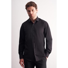 İmza Siyah Yarım Italyan Yaka Uzun Kol Premium Slim Fit %100 Pamuk Gömlek 1004255196