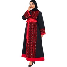 Zaytoon Tesettür Elbise Filistin Nakışlı Saten Kemerli Siyah Kadın Elbise