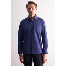 İmza Lacivert Sert Yaka Filafil Desen Uzun Kol Slim Fit Pamuklu Gömlek 1004255181
