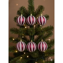 Dodomar 6'lı Paket Yılbaşı Ağacı Top Süsü (6 Cm) - Simli Parlak Çizgili Kırmızı Lüks Ağaç Dekorasyonu Seti (Özel Pvc Kutulu)