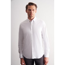 İmza Beyaz Düğmeli Yaka Örme Uzun Kol Performans Ürün Slim Fit %100 Pamuk Gömlek 1004255271