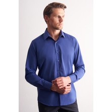İmza Açık Lacivert Sert Yaka Filafil Desen Uzun Kol Slim Fit Pamuklu Gömlek 1004255181