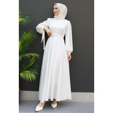 Giza Store Saten Kemerli Elbise Beyaz