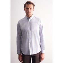 İmza Beyaz - Gri Düğmeli Yaka Kareli Desen Uzun Kol Premium Slim Fit %100 Pamuk Gömlek 1004255184