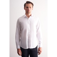 İmza Beyaz Yarım Italyan Yaka Kendinden Desenli Uzun Kol Premium Slim Fit %100 Pamuk Gömlek 1004255192