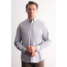 İmza Beyaz - Haki Düğmeli Yaka Kareli Desen Uzun Kol Premium Slim Fit %100 Pamuk Gömlek 1004255185