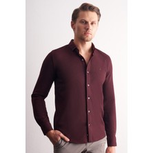 İmza Bordo Uzun Kol Düğmeli Yaka Kendinden Desenli Pamuklu Slim Fit Gömlek 1004255267