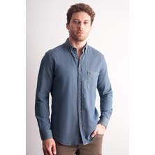 İmza Lacivert - Vizon Uzun Kol Düğmeli Yaka Kendinden Desenli %100 Pamuk Slim Fit Gömlek 1004255199