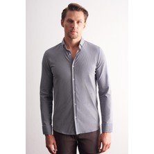 İmza Lacivert - Beyaz Smart Düğmeli Yaka Uzun Kol Cepsiz Slim Fit Casual Gömlek 1004255165