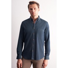 İmza Lacivert - Haki Uzun Kol Düğmeli Yaka Kendinden Desenli %100 Pamuk Slim Fit Gömlek 1004255199