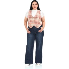 Disentis Modest Büyük Beden Düğme Kapamalı Cep Kapaklı Astarlı Kısa Kareli Kiremit Yelek