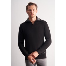 İmza Siyah Fermuarlı Yarım Balıkçı Uzun Kol Cepsiz Comfort Fit Casual Pamuklu Triko Kazak 1012255204