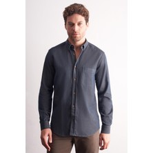 İmza Lacivert - Kahverengi Uzun Kol Düğmeli Yaka Kendinden Desenli %100 Pamuk Slim Fit Gömlek 1004255199