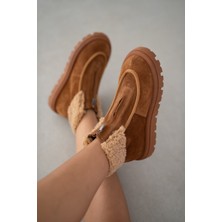 Selin Shoes Bruve Ön Fermuar Detaylı Kürklü Hakiki Deri Süet Kadın Bot-Taba