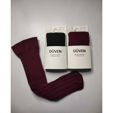 Düven 2'li Paket Yumuşacık Dokusu Klasik Örgü Deseniyle Kalın Kışlık Bordo & Siyah Rengi Dizaltı Çorap