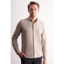 İmza Taş Rengi Uzun Kol Düğmeli Yaka Kendinden Desenli Pamuklu Slim Fit Gömlek 1004255267