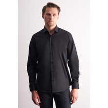 İmza Siyah Yarım İtalyan Yaka Uzun Kol Premium Slim Fit Pamuklu Gömlek 1004255198