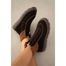 Selin Shoes Bruve Ön Fermuar Detaylı Kürklü Hakiki Deri Süet Kadın Bot-Acı Kahve