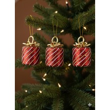 Dodomar 10 cm – Yılbaşı Ağacı Silindir Hediye Paketi Süsü Kırmızı Pullu 3'lü Lüks Set