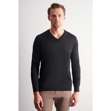 İmza Siyah V Yaka Uzun Kol Cepsiz Comfort Fit Classic Yünlü Triko Kazak 1012255002