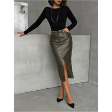 Ecenin Favorileri Haki Suni Deri Önden Yırtmaçlı Midi Etek