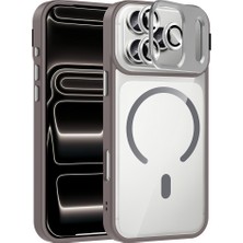 Spia iPhone 17 Pro Max Kılıf Standlı ve Kamera Lens Hediyeli M-Safe Şarj Özellikli Zore Etro Kapak - Gri