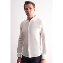 İmza Ekru Uzun Kol Düğmeli Yaka Kendinden Desenli Pamuklu Slim Fit Gömlek 1004255267