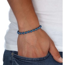 Hg.Aksesuar Erkek Mavi Küre Hematit Doğal Taşlı Çelik Zincir Bileklik