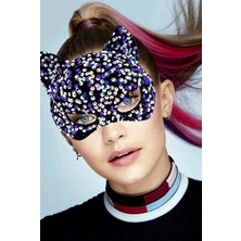 Venüs Shopping Siyah Kadife Kumaş Üzerine Mor Beyaz Payetli Pullu Parti Maskesi 16X14 cm