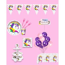 Evabrite Unicorn Tek Boynuzlu At 32 Kişilik Doğum Günü Parti Seti - Unicorn Konsepti Kek Standı