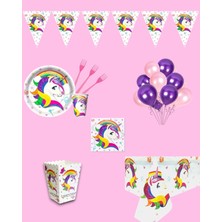Evabrite Unicorn Konsepti Tek Boynuzlu At 16 Kişilik Doğum Günü Parti Seti - Unicorn Parti Süsleri