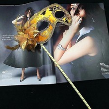 Shopwave Lüks Taşlı Saplı Maskeli Balo Maskesi Altın Renk 35 cm