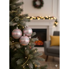 Dodomar 3 Adet Yılbaşı Ağacı Top Süsü (8 Cm) - Simli Şeritli Pembe Parlak Kaliteli Yılbaşı Dekorasyonu Seti Pvc Kutulu Set