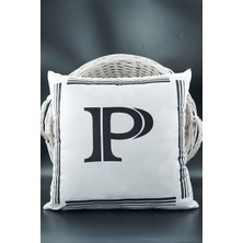 Mena Rise Harfli Kırlent Kılıfı Kadife 43X43 cm Çift Taraflı P Harfi Kedi Desenli Evlilik Teklifi Doğum Günü