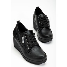 Dilimler Ayakkabı Kadın Dolgu Topuklu Ayakkabı Siyah Siyah Suni Deri Fermuarlı Bağcıklı