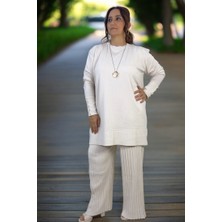 YAĞMURBEREN Yagmur Beren  Düğme Detay Uzun Tunik Piliseli Beli Lastikli Pantolon Büyük Beden Merserize Takım