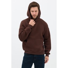 Sparrow Erkek Oversize Pamuklu Kanguru Cepli 3 Iplik Basic Kapüşonlu Sweatshirt Kahverengi - M
