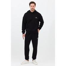 Sparrow Erkek Pamuklu Nakışlı Oversize Kapüşonlu 3 Iplik Kanguru Cepli Basic Eşofman Takımı Siyah - M
