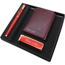Kişiye Özel Set - Vişne Deri Kartlık + Kırmızı Çakmak + Kırmızı Lake Kalem Seti | Kalem + Hakiki Deri Cüzdan ve Çakmak | Isme Özel Hediyelik Set