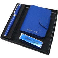 Signator D255 Kişiye Özel Set - Mavi Deri Cüzdan Kartlık + Mavi Çakmak  + Mavi Roller Kalem Seti | Isme Özel Hediyelik Set