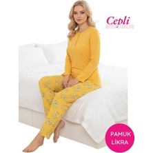 Guava Kadın Sarı Çiçek Desenli Mevsimlik Pamuklu Penye Uzun Kol Cepli Pijama Takımı-Slim Fit Dar Kalıp