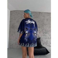 Rawea Fashion Unisex Bisiklet Yaka Baskılı Oversize T-Shirt - Lacivert