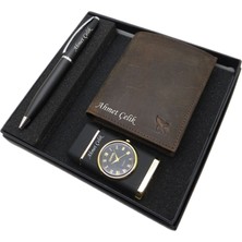 Kişiye Özel Set - Deri Kartlık + Bazalt Siyah Saatli Çakmak + Mat Siyah Kalem Seti | Kalem + Hakiki Deri Cüzdan ve Çakmak | Isme Özel Hediyelik Set