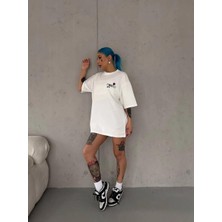 Rawea Fashion Unisex Bisiklet Yaka Baskılı Oversize T-Shirt - Beyaz