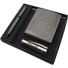 Kişiye Özel Set - Duman Deri Kartlık + Clipper Çakmak + Mat Siyah Kalem Seti | Kalem + Hakiki Deri Cüzdan ve Çakmak | Isme Özel Hediyelik Set