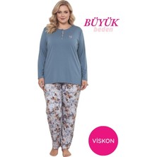 Alimer Kadın İndigo Çiçek Desen 3 Düğme Likralı Viskon Mevsimlik Büyük Beden Uzun Kol Pijama Takımı