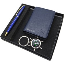 Kişiye Özel Set - Deri Cüzdan + Pusula Anahtarlık + Kalem Set | Kalem + Hakiki Deri Cüzdan ve Anahtarlık | Isme Özel Hediyelik Set