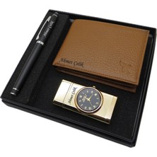 Kişiye Özel Set - Deri Cüzdan + Saatli Çakmak + Kalem Seti | Kalem + Hakiki Deri Cüzdan ve Çakmak | Isme Özel Hediyelik Set